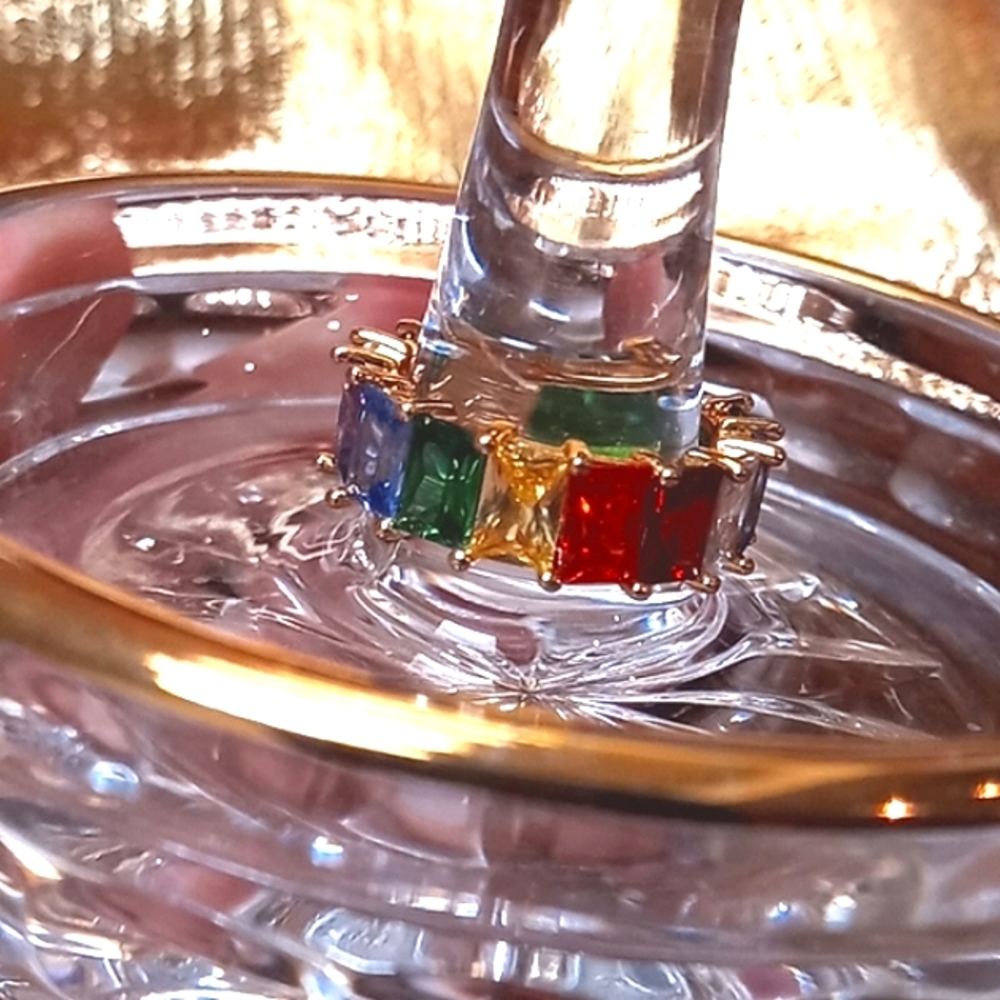 - 🌈 Rainbow CZ Emerald Cut Eternity Band Gold Plated NEW 6